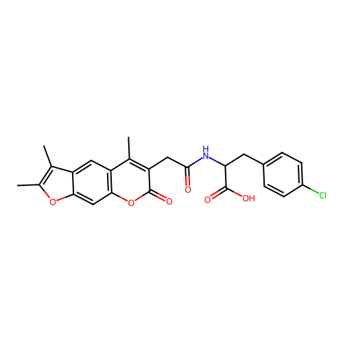 3-(4-chlorophenyl)-2-(2-(2,3,5-trimethyl-7-oxo-7H-furo[3,2-g]chromen-6-yl)acetamido)propanoic acid structure