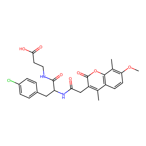 3-(3-(4-chlorophenyl)-2-(2-(7-methoxy-4,8-dimethyl-2-oxo-2H-chromen-3-yl)acetamido)propanamido)propanoic acid structure