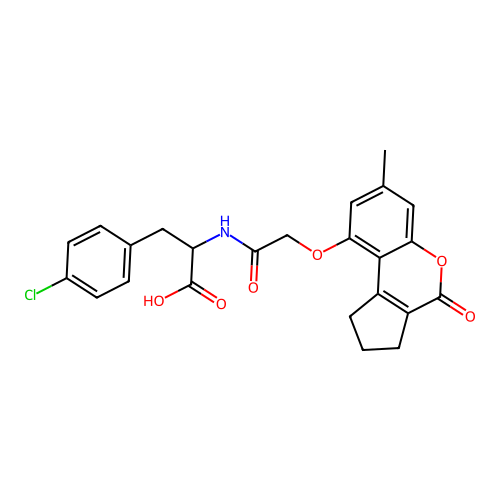 3-(4-chlorophenyl)-2-(2-((7-methyl-4-oxo-1,2,3,4-tetrahydrocyclopenta[c]chromen-9-yl)oxy)acetamido)propanoic acid structure