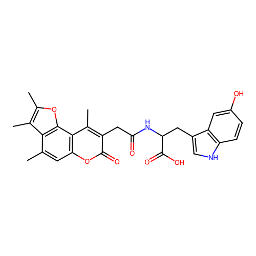 3-(5-hydroxy-1H-indol-3-yl)-2-(2-(2,3,4,9-tetramethyl-7-oxo-7H-furo[2,3-f]chromen-8-yl)acetamido)propanoic acid structure