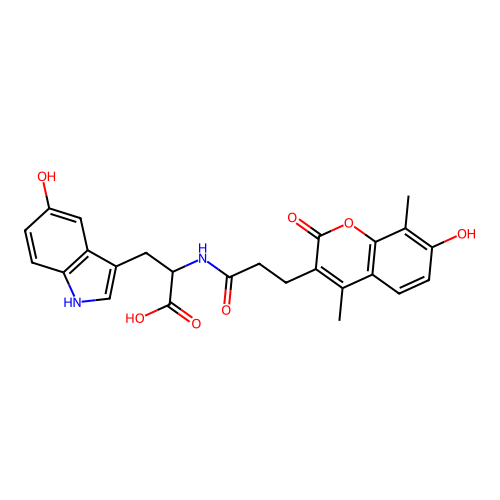 3-(5-hydroxy-1H-indol-3-yl)-2-(3-(7-hydroxy-4,8-dimethyl-2-oxo-2H-chromen-3-yl)propanamido)propanoic acid structure