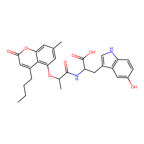 2-(2-((4-butyl-7-methyl-2-oxo-2H-chromen-5-yl)oxy)propanamido)-3-(5-hydroxy-1H-indol-3-yl)propanoic acid structure