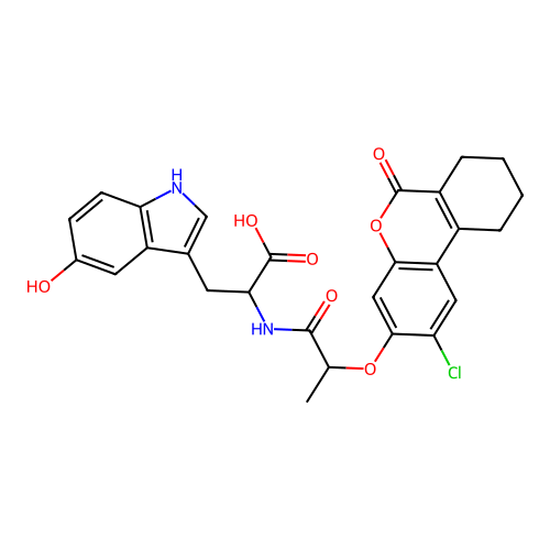 2-(2-((2-chloro-6-oxo-7,8,9,10-tetrahydro-6H-benzo[c]chromen-3-yl)oxy)propanamido)-3-(5-hydroxy-1H-indol-3-yl)propanoic acid structure
