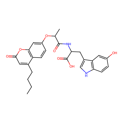 2-(2-((4-butyl-2-oxo-2H-chromen-7-yl)oxy)propanamido)-3-(5-hydroxy-1H-indol-3-yl)propanoic acid structure