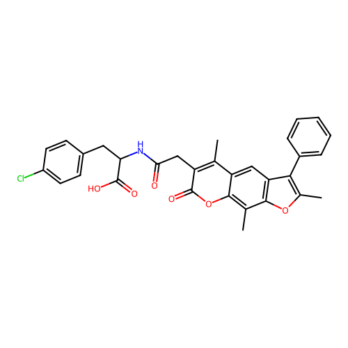3-(4-chlorophenyl)-2-(2-(2,5,9-trimethyl-7-oxo-3-phenyl-7H-furo[3,2-g]chromen-6-yl)acetamido)propanoic acid structure
