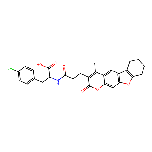 3-(4-chlorophenyl)-2-(3-(4-methyl-2-oxo-6,7,8,9-tetrahydro-2H-benzofuro[3,2-g]chromen-3-yl)propanamido)propanoic acid structure