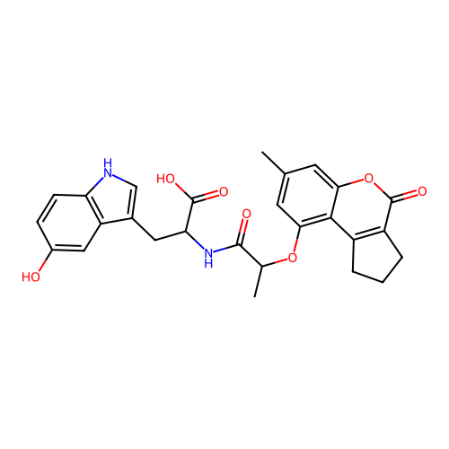 3-(5-hydroxy-1H-indol-3-yl)-2-(2-((7-methyl-4-oxo-1,2,3,4-tetrahydrocyclopenta[c]chromen-9-yl)oxy)propanamido)propanoic acid structure