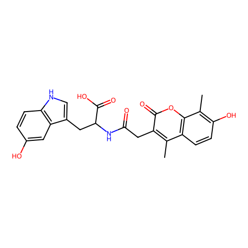 3-(5-hydroxy-1H-indol-3-yl)-2-(2-(7-hydroxy-4,8-dimethyl-2-oxo-2H-chromen-3-yl)acetamido)propanoic acid structure