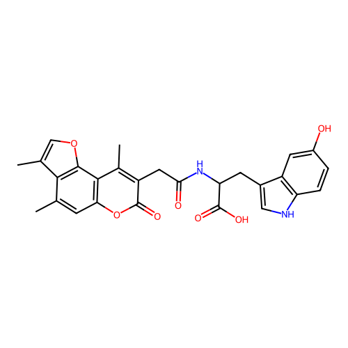 3-(5-hydroxy-1H-indol-3-yl)-2-(2-(3,4,9-trimethyl-7-oxo-7H-furo[2,3-f]chromen-8-yl)acetamido)propanoic acid structure