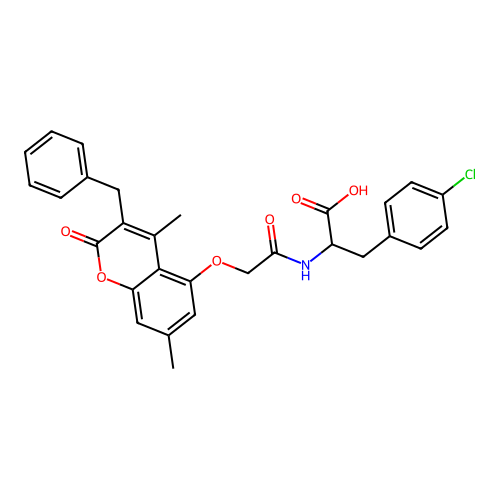 2-(2-((3-benzyl-4,7-dimethyl-2-oxo-2H-chromen-5-yl)oxy)acetamido)-3-(4-chlorophenyl)propanoic acid structure