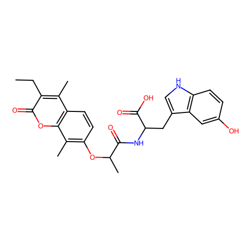 2-(2-((3-ethyl-4,8-dimethyl-2-oxo-2H-chromen-7-yl)oxy)propanamido)-3-(5-hydroxy-1H-indol-3-yl)propanoic acid structure
