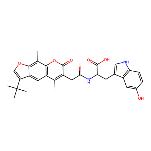 2-(2-(3-(tert-butyl)-5,9-dimethyl-7-oxo-7H-furo[3,2-g]chromen-6-yl)acetamido)-3-(5-hydroxy-1H-indol-3-yl)propanoic acid structure