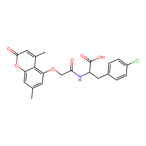 3-(4-chlorophenyl)-2-(2-((4,7-dimethyl-2-oxo-2H-chromen-5-yl)oxy)acetamido)propanoic acid structure