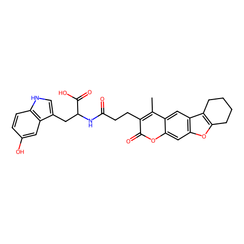 3-(5-hydroxy-1H-indol-3-yl)-2-(3-(4-methyl-2-oxo-6,7,8,9-tetrahydro-2H-benzofuro[3,2-g]chromen-3-yl)propanamido)propanoic acid structure