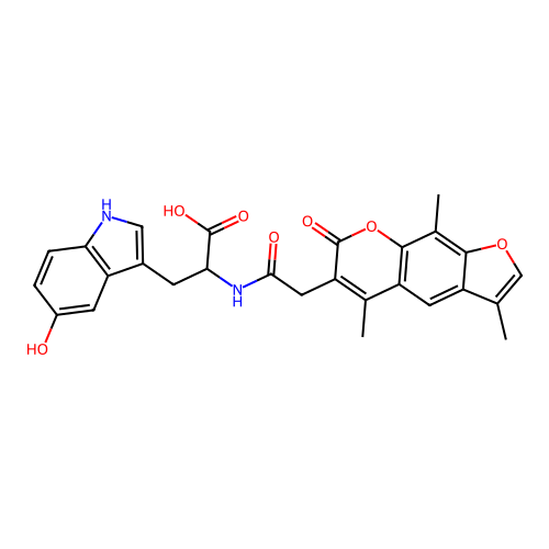 3-(5-hydroxy-1H-indol-3-yl)-2-(2-(3,5,9-trimethyl-7-oxo-7H-furo[3,2-g]chromen-6-yl)acetamido)propanoic acid structure