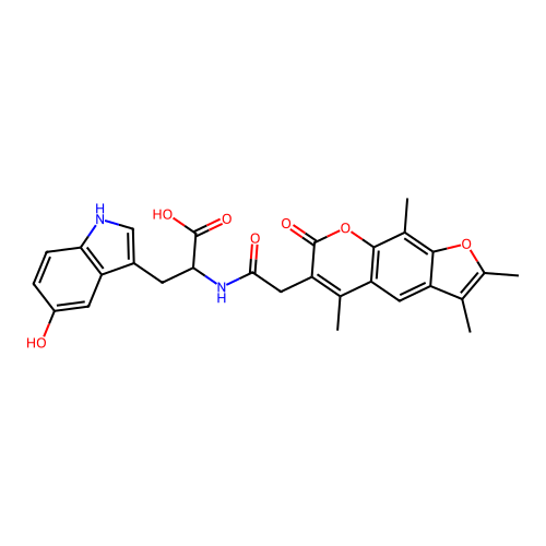 3-(5-hydroxy-1H-indol-3-yl)-2-(2-(2,3,5,9-tetramethyl-7-oxo-7H-furo[3,2-g]chromen-6-yl)acetamido)propanoic acid structure