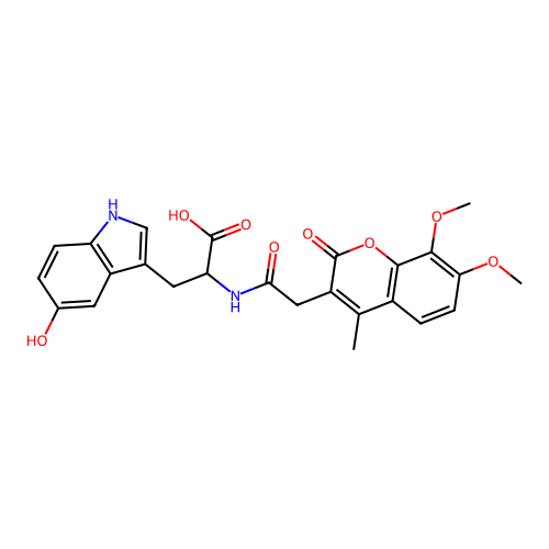 2-(2-(7,8-dimethoxy-4-methyl-2-oxo-2H-chromen-3-yl)acetamido)-3-(5-hydroxy-1H-indol-3-yl)propanoic acid structure