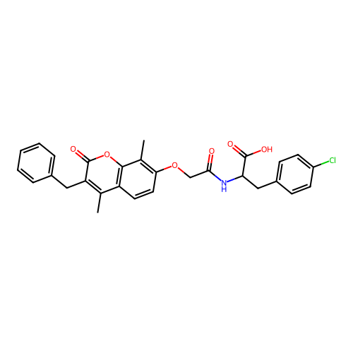 2-(2-((3-benzyl-4,8-dimethyl-2-oxo-2H-chromen-7-yl)oxy)acetamido)-3-(4-chlorophenyl)propanoic acid structure