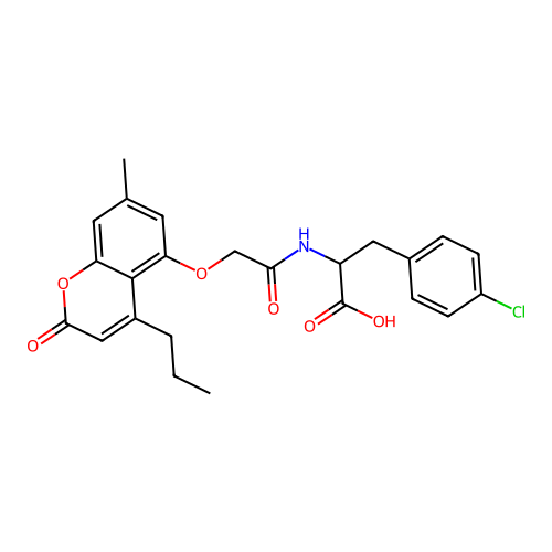 3-(4-chlorophenyl)-2-[[2-(7-methyl-2-oxo-4-propylchromen-5-yl)oxyacetyl]amino]propanoic acid structure