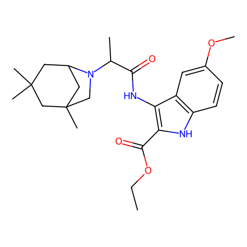 ethyl 5-methoxy-3-(2-((1R,5S)-1,3,3-trimethyl-6-azabicyclo[3.2.1]octan-6-yl)propanamido)-1H-indole-2-carboxylate structure