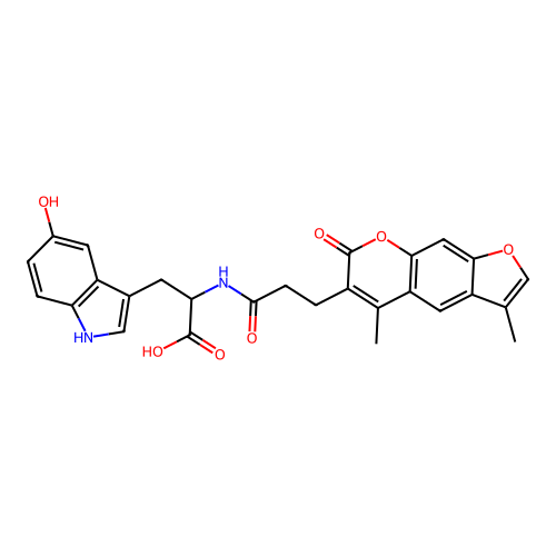 2-(3-(3,5-dimethyl-7-oxo-7H-furo[3,2-g]chromen-6-yl)propanamido)-3-(5-hydroxy-1H-indol-3-yl)propanoic acid structure