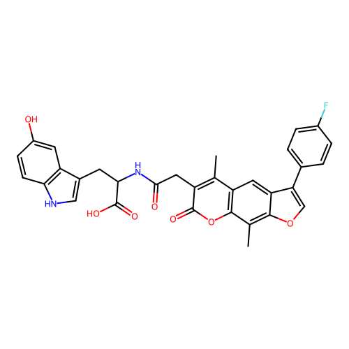 2-(2-(3-(4-fluorophenyl)-5,9-dimethyl-7-oxo-7H-furo[3,2-g]chromen-6-yl)acetamido)-3-(5-hydroxy-1H-indol-3-yl)propanoic acid structure
