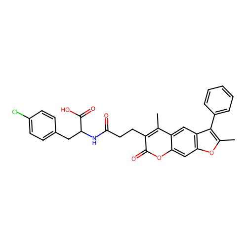3-(4-chlorophenyl)-2-(3-(2,5-dimethyl-7-oxo-3-phenyl-7H-furo[3,2-g]chromen-6-yl)propanamido)propanoic acid structure