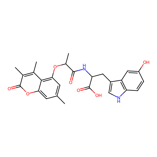 3-(5-hydroxy-1H-indol-3-yl)-2-(2-((3,4,7-trimethyl-2-oxo-2H-chromen-5-yl)oxy)propanamido)propanoic acid structure