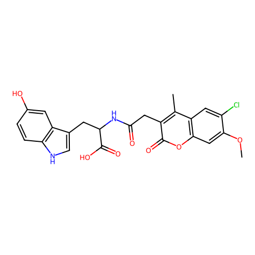 2-(2-(6-chloro-7-methoxy-4-methyl-2-oxo-2H-chromen-3-yl)acetamido)-3-(5-hydroxy-1H-indol-3-yl)propanoic acid structure