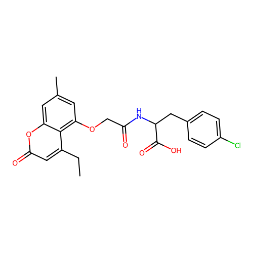 3-(4-chlorophenyl)-2-(2-((4-ethyl-7-methyl-2-oxo-2H-chromen-5-yl)oxy)acetamido)propanoic acid structure