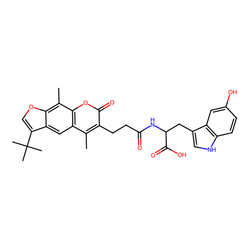 2-(3-(3-(tert-butyl)-5,9-dimethyl-7-oxo-7H-furo[3,2-g]chromen-6-yl)propanamido)-3-(5-hydroxy-1H-indol-3-yl)propanoic acid structure