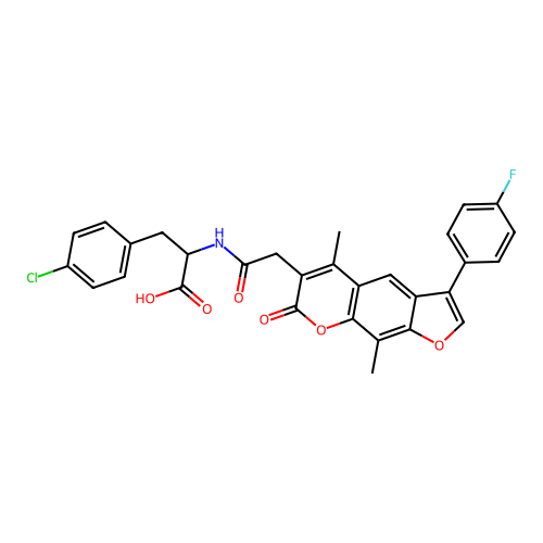 3-(4-chlorophenyl)-2-(2-(3-(4-fluorophenyl)-5,9-dimethyl-7-oxo-7H-furo[3,2-g]chromen-6-yl)acetamido)propanoic acid structure