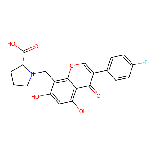 (2R)-1-[[3-(4-fluorophenyl)-5,7-dihydroxy-4-oxochromen-8-yl]methyl]pyrrolidine-2-carboxylic acid structure
