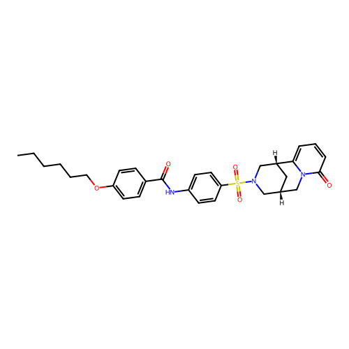 4-(hexyloxy)-N-(4-(((1R,5R)-8-oxo-5,6-dihydro-1H-1,5-methanopyrido[1,2-a][1,5]diazocin-3(2H,4H,8H)-yl)sulfonyl)phenyl)benzamide structure