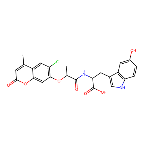 2-(2-((6-chloro-4-methyl-2-oxo-2H-chromen-7-yl)oxy)propanamido)-3-(5-hydroxy-1H-indol-3-yl)propanoic acid structure