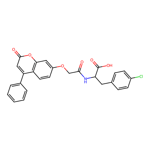 3-(4-chlorophenyl)-2-(2-((2-oxo-4-phenyl-2H-chromen-7-yl)oxy)acetamido)propanoic acid structure