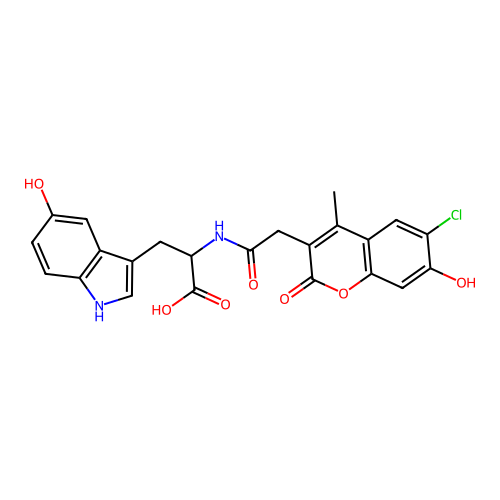 2-(2-(6-chloro-7-hydroxy-4-methyl-2-oxo-2H-chromen-3-yl)acetamido)-3-(5-hydroxy-1H-indol-3-yl)propanoic acid structure