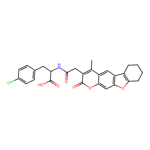 3-(4-chlorophenyl)-2-(2-(4-methyl-2-oxo-6,7,8,9-tetrahydro-2H-benzofuro[3,2-g]chromen-3-yl)acetamido)propanoic acid structure
