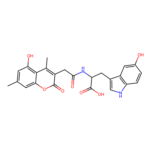 3-(5-hydroxy-1H-indol-3-yl)-2-(2-(5-hydroxy-4,7-dimethyl-2-oxo-2H-chromen-3-yl)acetamido)propanoic acid structure