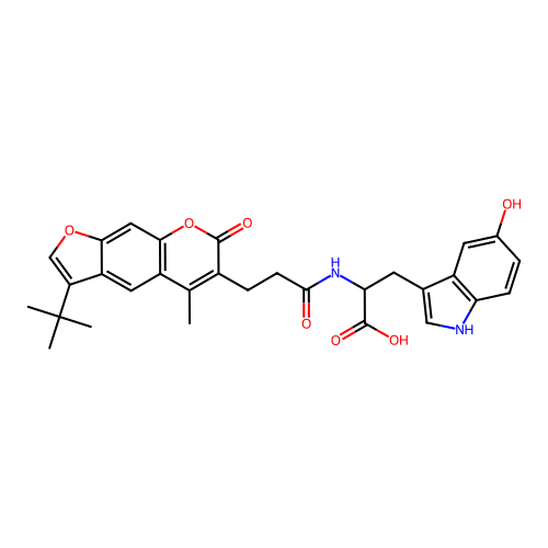 2-(3-(3-(tert-butyl)-5-methyl-7-oxo-7H-furo[3,2-g]chromen-6-yl)propanamido)-3-(5-hydroxy-1H-indol-3-yl)propanoic acid structure