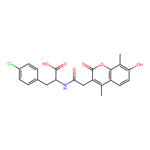 3-(4-chlorophenyl)-2-(2-(7-hydroxy-4,8-dimethyl-2-oxo-2H-chromen-3-yl)acetamido)propanoic acid structure