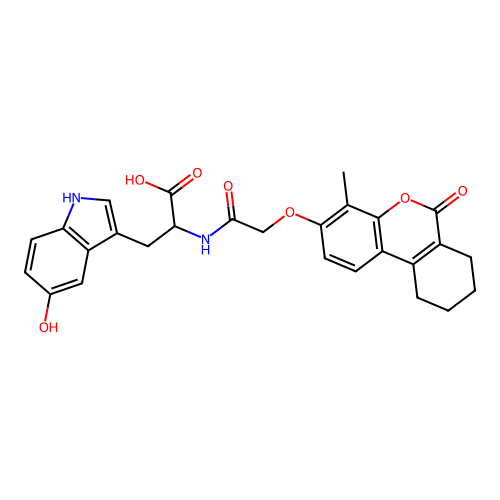 3-(5-hydroxy-1H-indol-3-yl)-2-(2-((4-methyl-6-oxo-7,8,9,10-tetrahydro-6H-benzo[c]chromen-3-yl)oxy)acetamido)propanoic acid structure