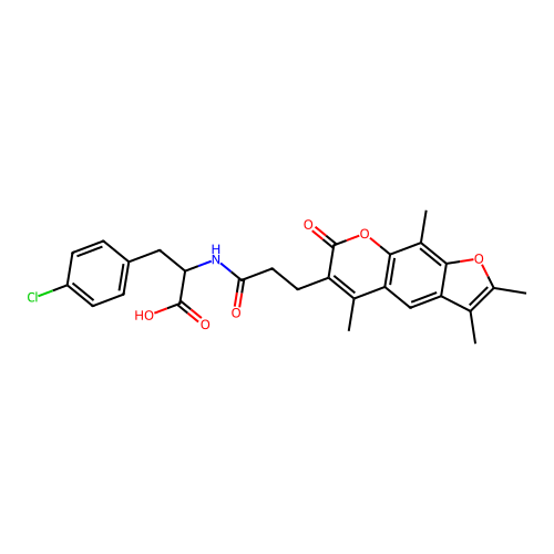 3-(4-chlorophenyl)-2-(3-(2,3,5,9-tetramethyl-7-oxo-7H-furo[3,2-g]chromen-6-yl)propanamido)propanoic acid structure