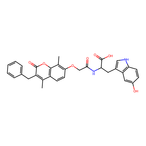 2-(2-((3-benzyl-4,8-dimethyl-2-oxo-2H-chromen-7-yl)oxy)acetamido)-3-(5-hydroxy-1H-indol-3-yl)propanoic acid structure