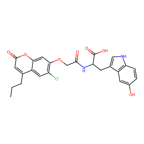 2-(2-((6-chloro-2-oxo-4-propyl-2H-chromen-7-yl)oxy)acetamido)-3-(5-hydroxy-1H-indol-3-yl)propanoic acid structure