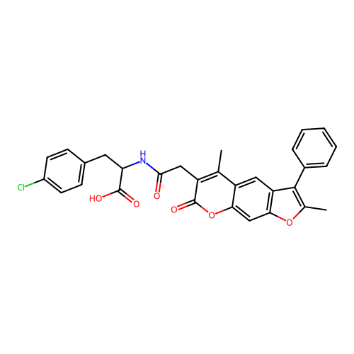 3-(4-chlorophenyl)-2-(2-(2,5-dimethyl-7-oxo-3-phenyl-7H-furo[3,2-g]chromen-6-yl)acetamido)propanoic acid structure