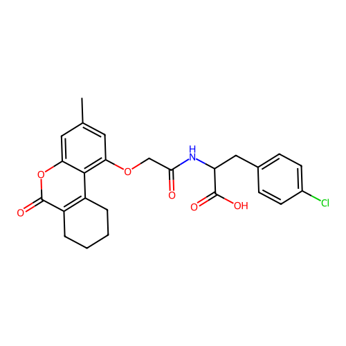 3-(4-chlorophenyl)-2-(2-((3-methyl-6-oxo-7,8,9,10-tetrahydro-6H-benzo[c]chromen-1-yl)oxy)acetamido)propanoic acid structure
