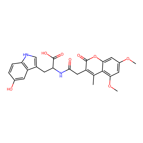 2-(2-(5,7-dimethoxy-4-methyl-2-oxo-2H-chromen-3-yl)acetamido)-3-(5-hydroxy-1H-indol-3-yl)propanoic acid structure
