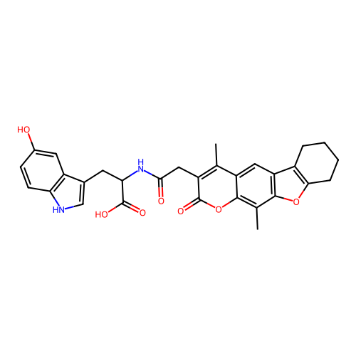 2-(2-(4,11-dimethyl-2-oxo-6,7,8,9-tetrahydro-2H-benzofuro[3,2-g]chromen-3-yl)acetamido)-3-(5-hydroxy-1H-indol-3-yl)propanoic acid structure