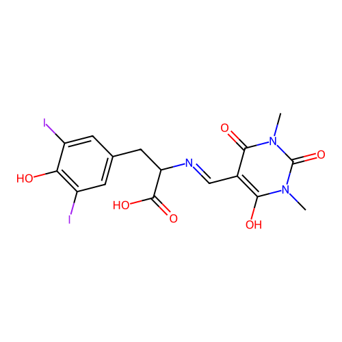 N-[(1,3-dimethyl-2,4,6-trioxotetrahydropyrimidin-5(2H)-ylidene)methyl]-3,5-diiodotyrosine structure